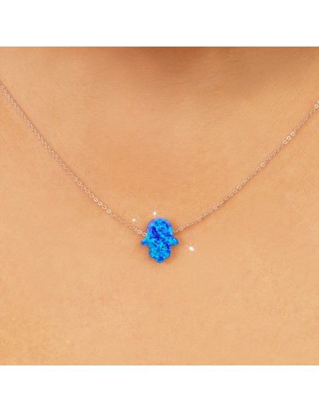 Kuyumcudukkani Küçük Mavi Renk Opal Taşlı Fatma Eli Kolye-20118-W-BLU
