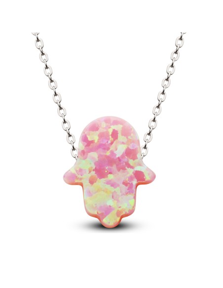 Kuyumcudukkani Küçük Pembe Renk Opal Taşlı Fatma Eli Kolye-20118-W-P