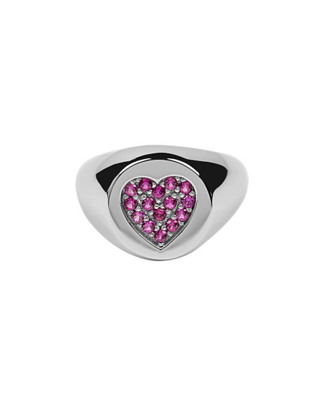 Kırmızı Taşlı Kalpli Küçük Parmak Yüzüğü (Signed Ring)-10382-W-R