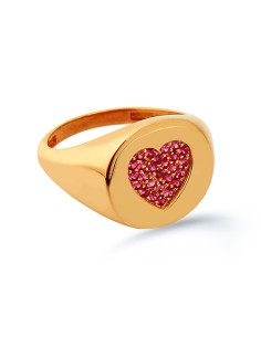 Kırmızı Taşlı Kalpli Küçük Parmak Yüzüğü (Signed Ring)-10382-R-R