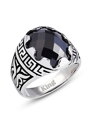 Kuyumcudukkani Fasetli Oval Kubbe Kesim Taşlı Gümüş Erkek Yüzük-60003-W-FBLK