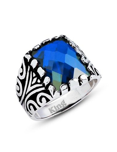 Kuyumcudukkanı Baget Kesim Taşlı Yanı "Desenli " Gümüş Erkek Yüzük-60005-W-DBLU
