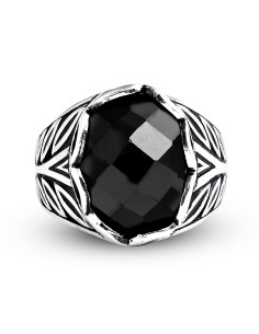 Kuyumcudukkanı Fasetli Oval Kubbe Kesim Taşlı Gümüş Erkek Yüzük-60007-W-FBLK 2