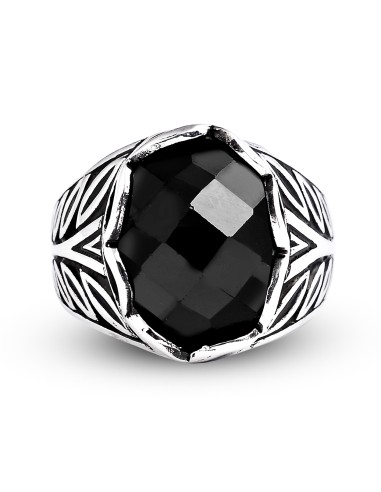 Kuyumcudukkanı Fasetli Oval Kubbe Kesim Taşlı Gümüş Erkek Yüzük-60007-W-FBLK