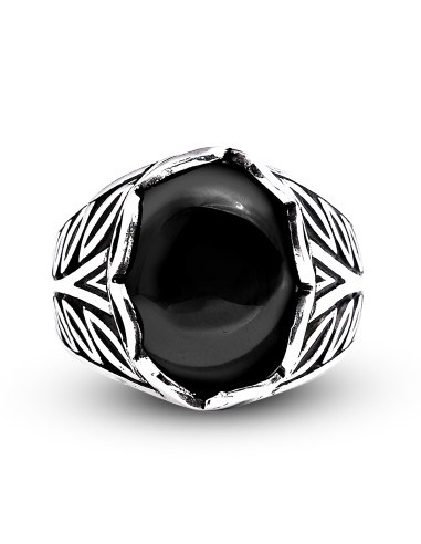 Kuyumcudukkanı Düz Oval Kubbe Kesim Taşlı Gümüş Erkek Yüzük-60007-W-BLK