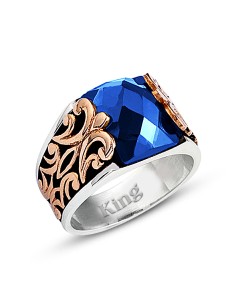 Kuyumcudukkanı Baget Taşlı Yanı Bronz Parçalı Elyapımı Gümüş Erkek Yüzük-60009-W-DBLU