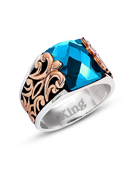 Kuyumcudukkanı Baget Taşlı Yanı Bronz Parçalı Elyapımı Gümüş Erkek Yüzük-60009-W-BLU