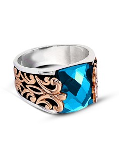 Kuyumcudukkanı Baget Taşlı Yanı Bronz Parçalı Elyapımı Gümüş Erkek Yüzük-60009-W-BLU 2