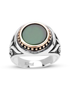 Kuyumcudukkanı Akik Renk Taşlı Üstü Bronz Parçalı Elyapımı Gümüş Erkek Yüzük-60013-W-GRN