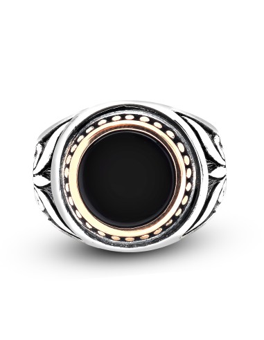 Kuyumcudukkanı Akik Renk Taşlı Üstü Bronz Parçalı Elyapımı Gümüş Erkek Yüzük-60013-W-BLK