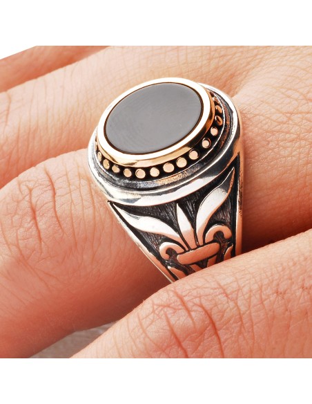 Kuyumcudukkanı Akik Renk Taşlı Üstü Bronz Parçalı Elyapımı Gümüş Erkek Yüzük-60013-W-BLK