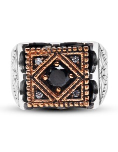 Kuyumcudukkanı Siyah Renk Taşlı Bronz Parçalı Elyapımı Gümüş Erkek Yüzük-60012-W-BLK 2