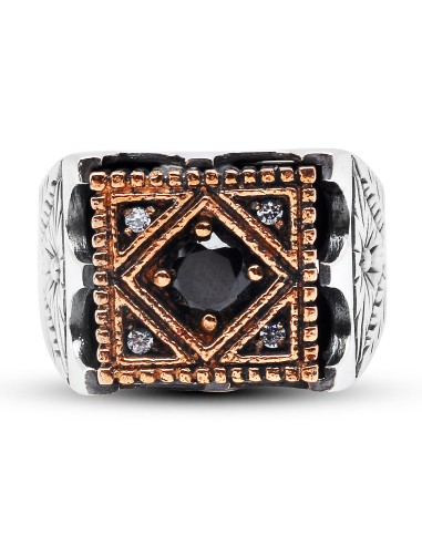 Kuyumcudukkanı Siyah Renk Taşlı Bronz Parçalı Elyapımı Gümüş Erkek Yüzük-60012-W-BLK