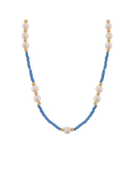Kuyumcudukkani Mavi Boncuk Taşlı ve Hakiki İncili Trend Kolye-29239-G-BLU