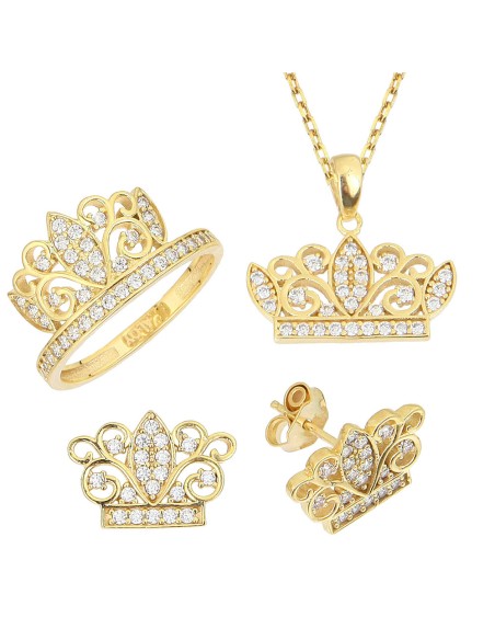 Kuyumcudukkani "Kraliçem Taç"Zirkon Taşlı 3lü Mini Set -24063-G-W