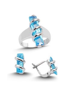 Kuyumcudükkani Mavi Topaz Renk Zirkon Taşlı Yüzük Küpe Seti-24008-W-BLU